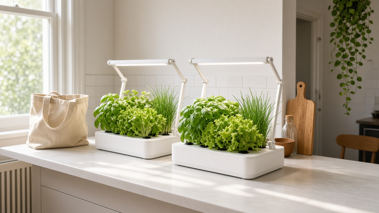 Deux potagers d'intérieur hydroponiques blancs avec lampes LED réglables sur un plan de travail de cuisine, basilic, laitue et ciboulette