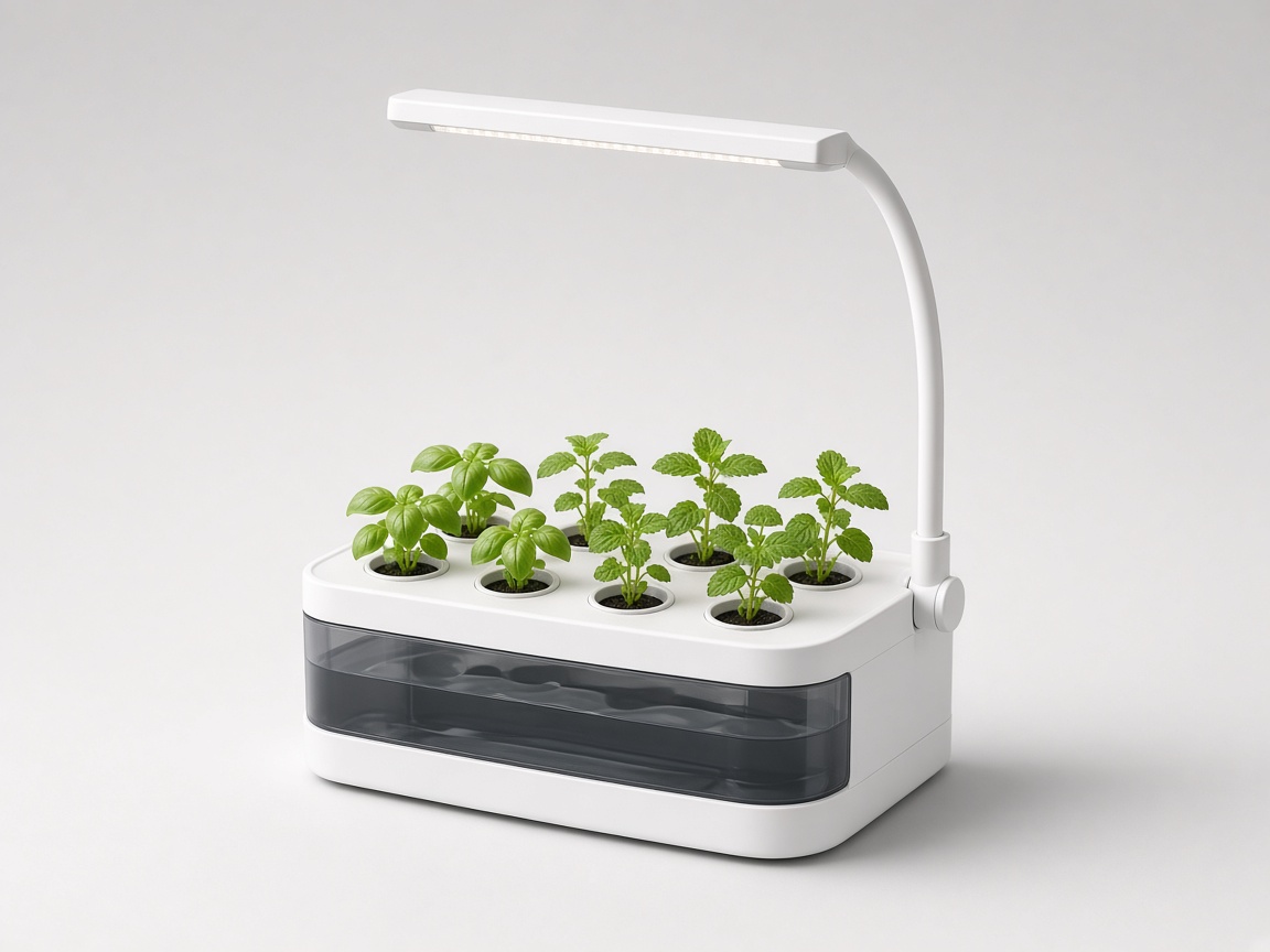 Petit potager hydroponique blanc 10 pods avec lampe LED réglable et jeunes pousses de basilic et de menthe