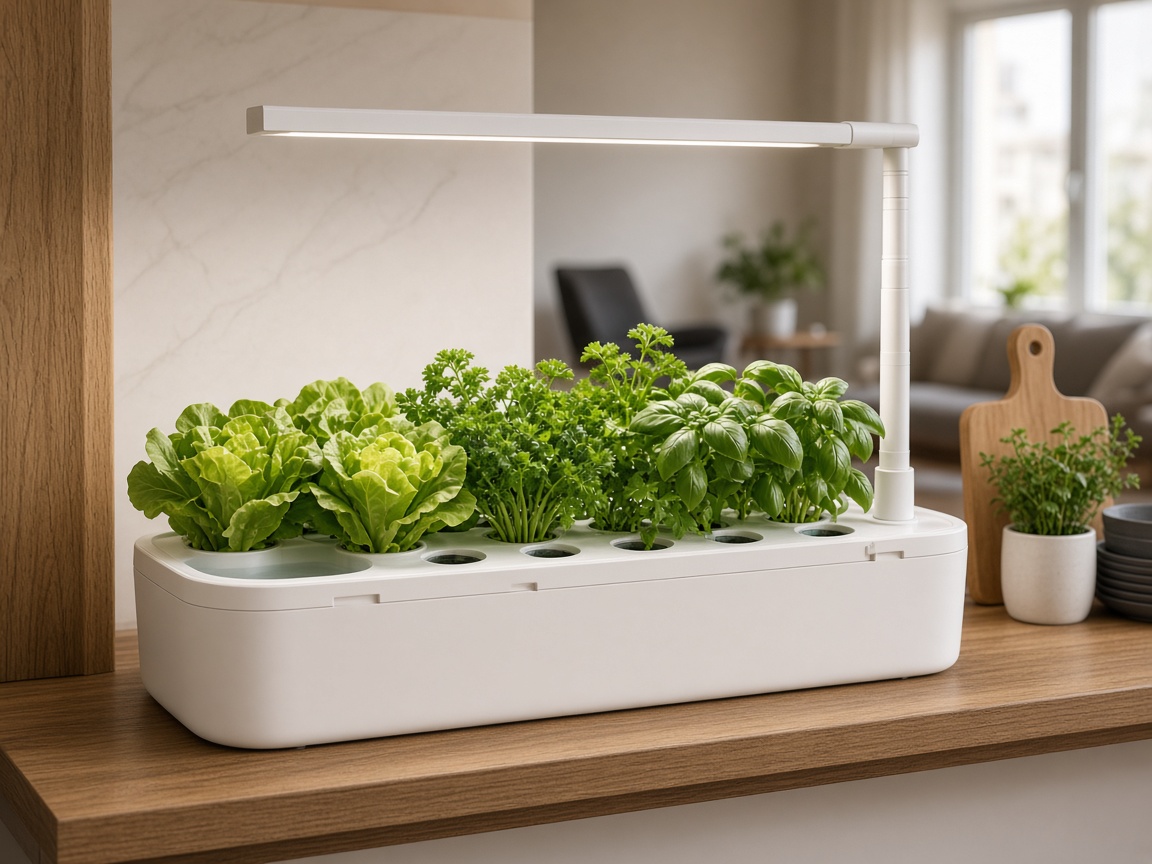Potager d'intérieur hydroponique 12 pots avec barre LED télescopique, laitues, persil et basilic sur une étagère en bois