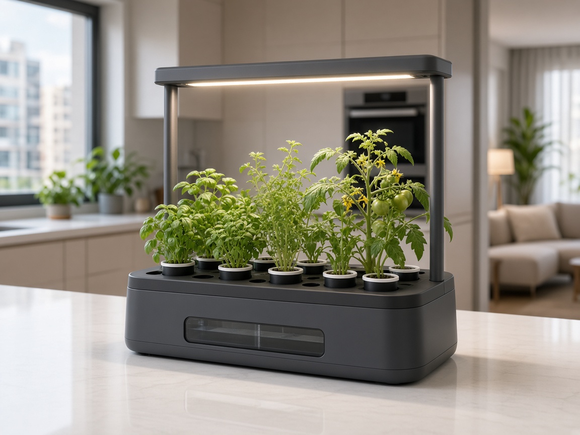 Potager d'intérieur hydroponique gris 12 pods avec panneau LED, herbes et plant de tomates cerises sur un plan de travail