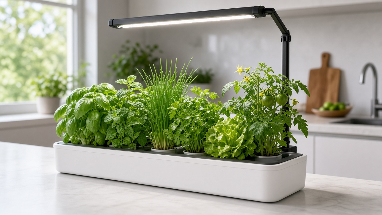 Potager d'intérieur hydroponique sur un plan de travail avec basilic, menthe, ciboulette, persil, laitue et plant de tomates cerises sous une lampe LED