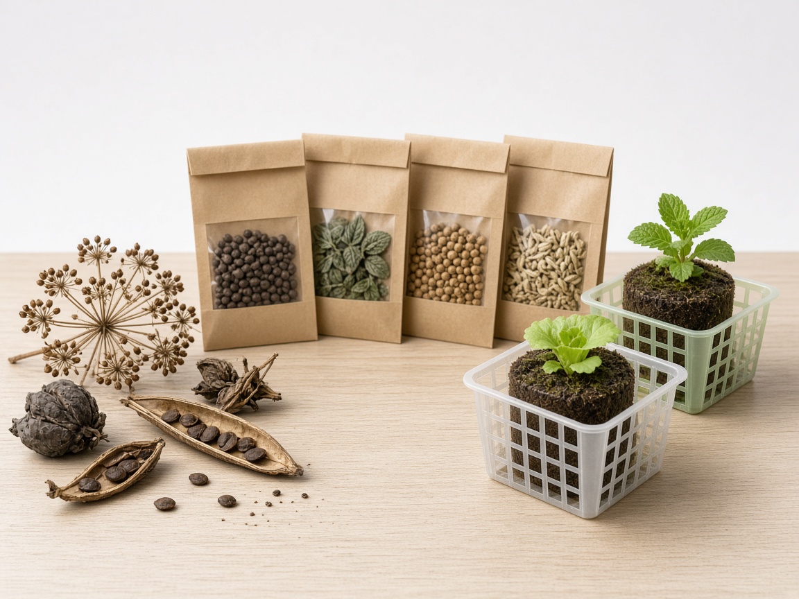 Sachets de graines d'aromates et éponges de semis dans des paniers pour kit hydroponique