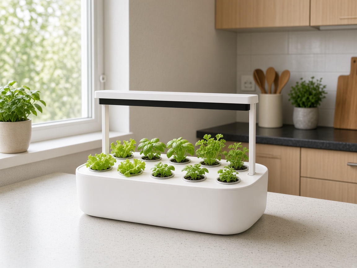Kit hydroponique blanc de 12 pots avec barre LED réglable, jeunes laitues, basilic et persil sur un plan de travail de cuisine