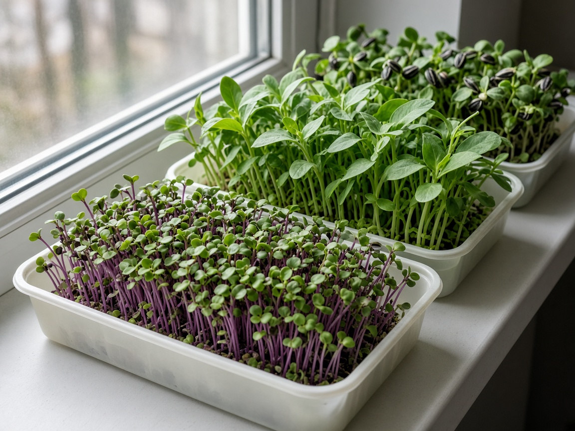 Plateaux de micro-pousses de radis, pois et tournesol sur un rebord de fenêtre d'appartement